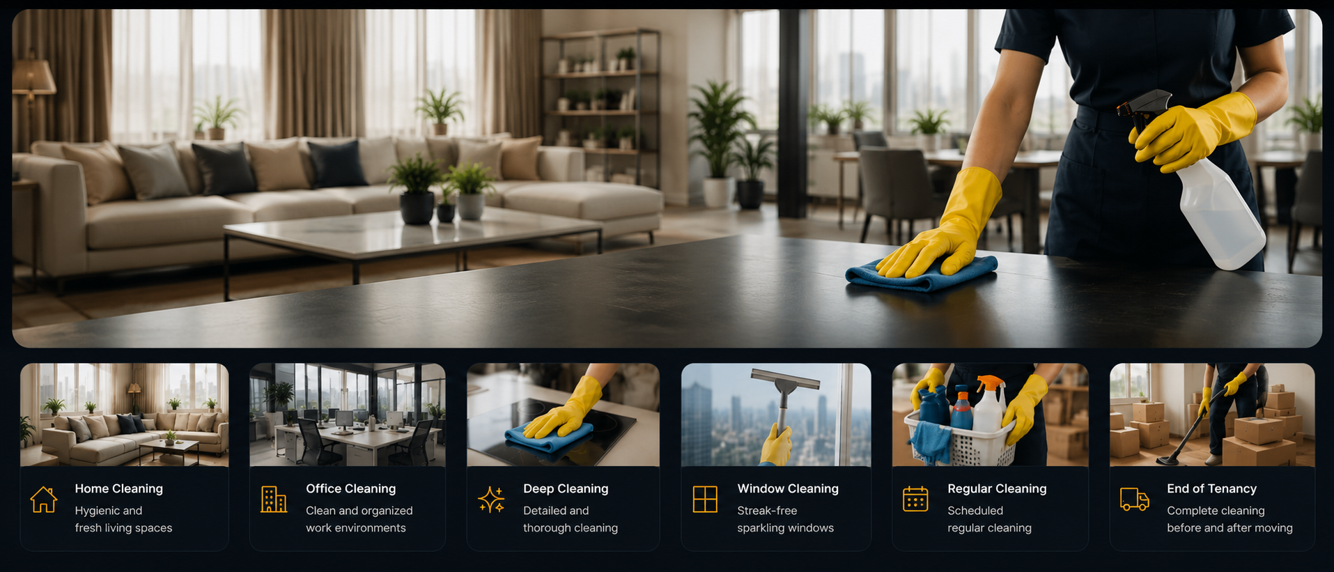 Black Eagle cleaning services collage showing house cleaning, office cleaning, deep cleaning, end of tenancy cleaning, window cleaning, and regular cleaning.