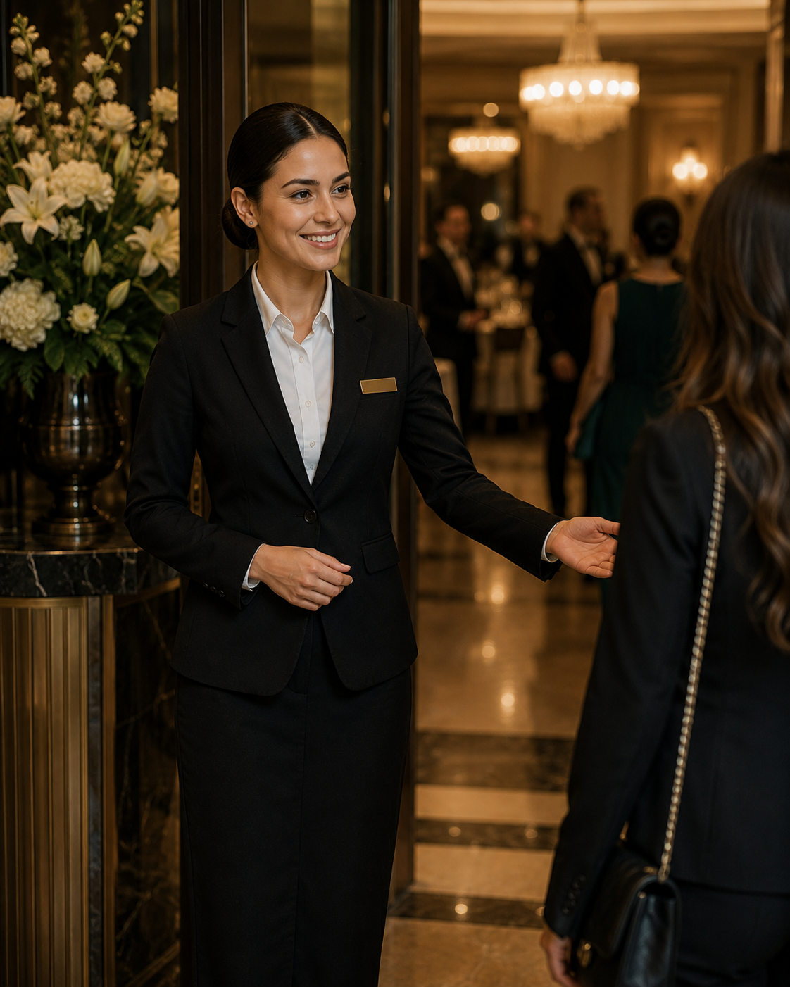Host and hostess team welcoming guests with a polished front-facing presence.